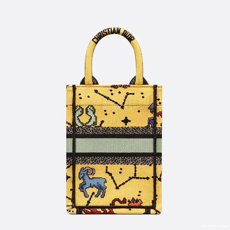Cheap Tote Canvas Miniature Yellow Dior Pixel Zodiac Book Motif 0415 Hot Sale